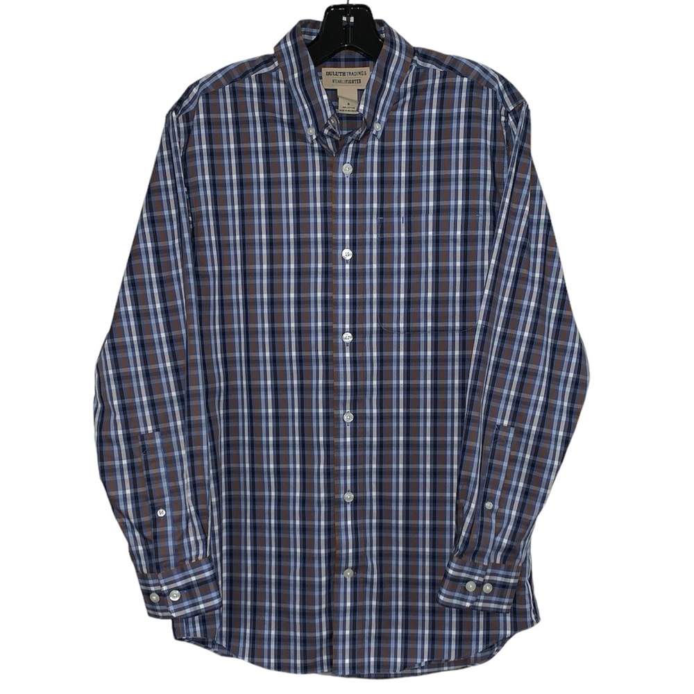 Duluth Trading Mens Plaid Wrinkle Fighter Shirt Size S Long Sleeve Blue Brown - Picture 2 of 8
